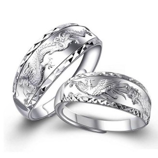 Silver Dragon and Phoenix Rings - Couple Rings