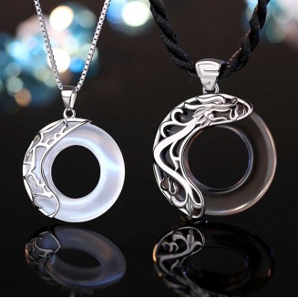 Dragon & Phoenix Couple Necklace - Obsidian & Opal Pendants for Protection