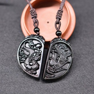 Half Heart Necklace for Couples - Obsidian Dragon and Phoenix Pendant Set