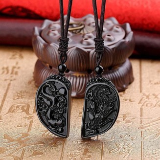 Half Heart Necklace for Couples - Obsidian Dragon and Phoenix Pendant Set