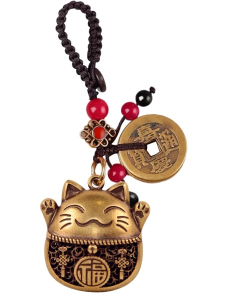 Lucky Cat Charms,Maneki Neko Brass Cat Keychain With Feng Shui Coins,Buddha Statue Kitty Good Luck Charms